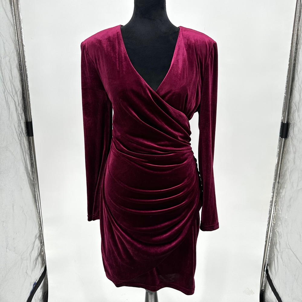 Alex Marie Nikki Long Sleeve Stretch Velvet Red Wine Holiday Wrap Dress 14